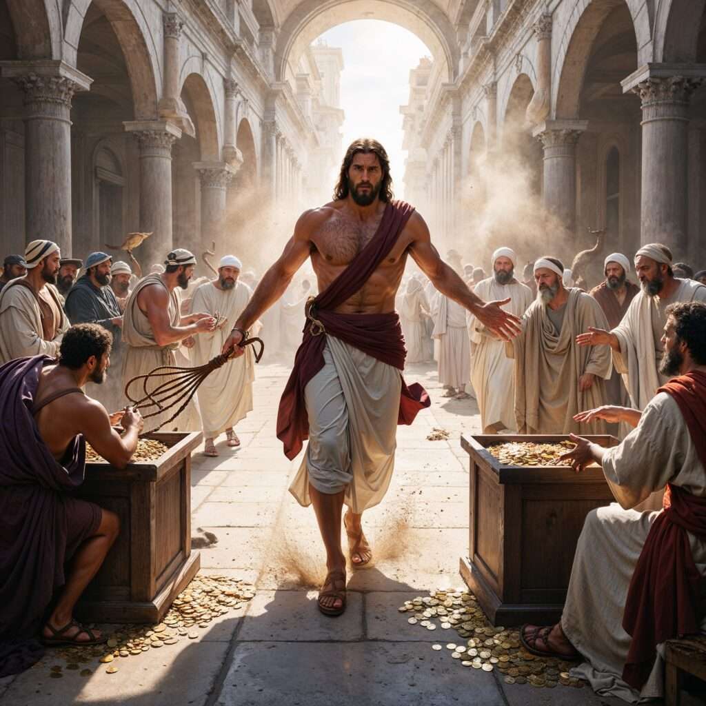 "Buff Jesus walking through the temple, whip in hand, scattering coins and flipping tables as merchants and onlookers watch in shock, embodying divine justice and strength."