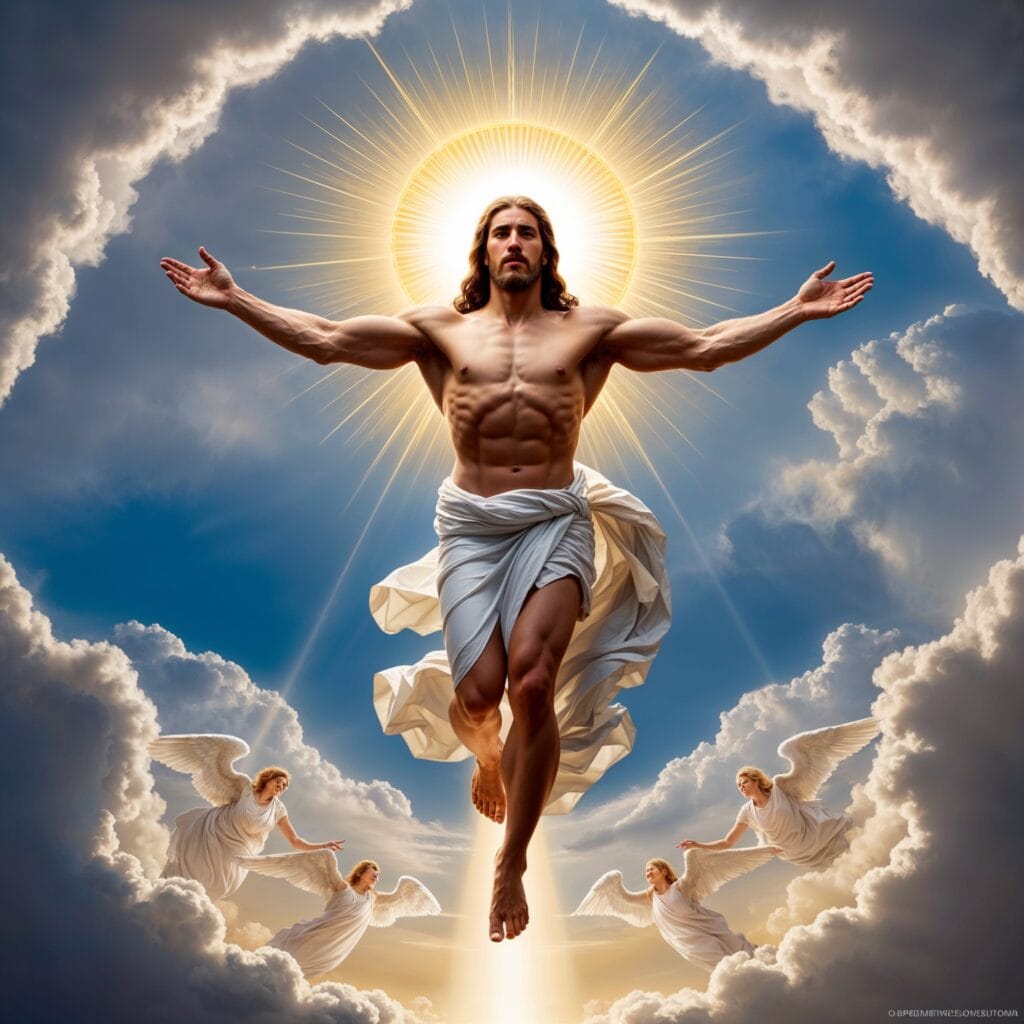 Jesus, with a muscular bodybuilder physique, ascends to heaven surrounded by glowing angels, a radiant halo, and dramatic clouds.

