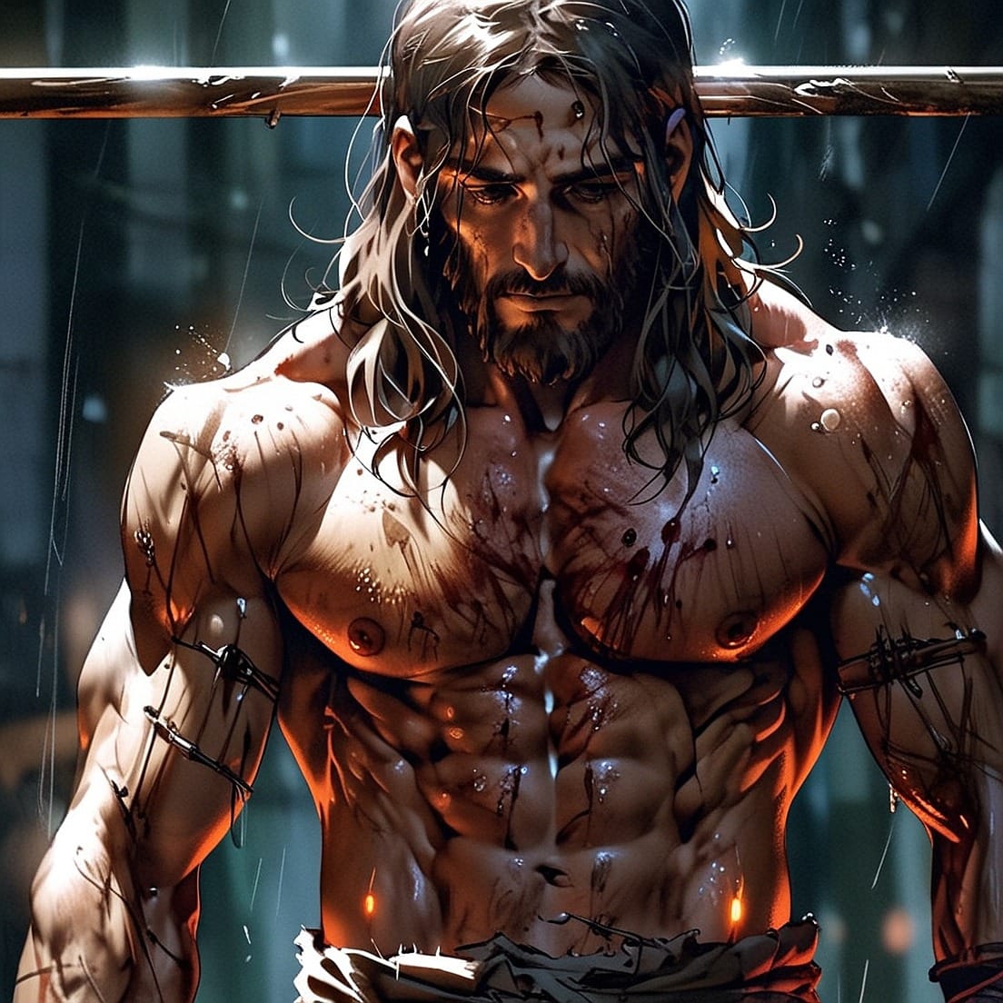 A depiction of Jesus with a muscular, bodybuilder physique, bloodied and bruised after the scourging, standing with a solemn expression under dramatic lighting.


