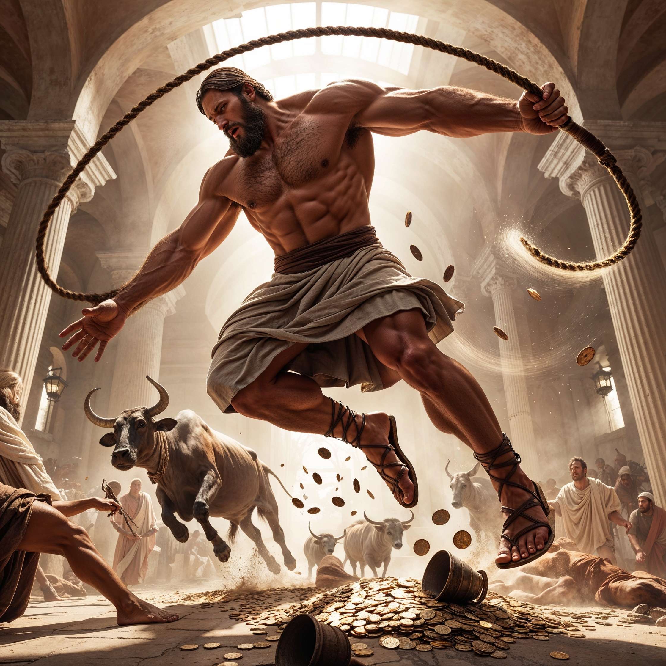 "Buff Jesus in a dynamic pose, swinging a whip in the temple as coins scatter and animals flee in chaos, symbolizing divine justice and power."
