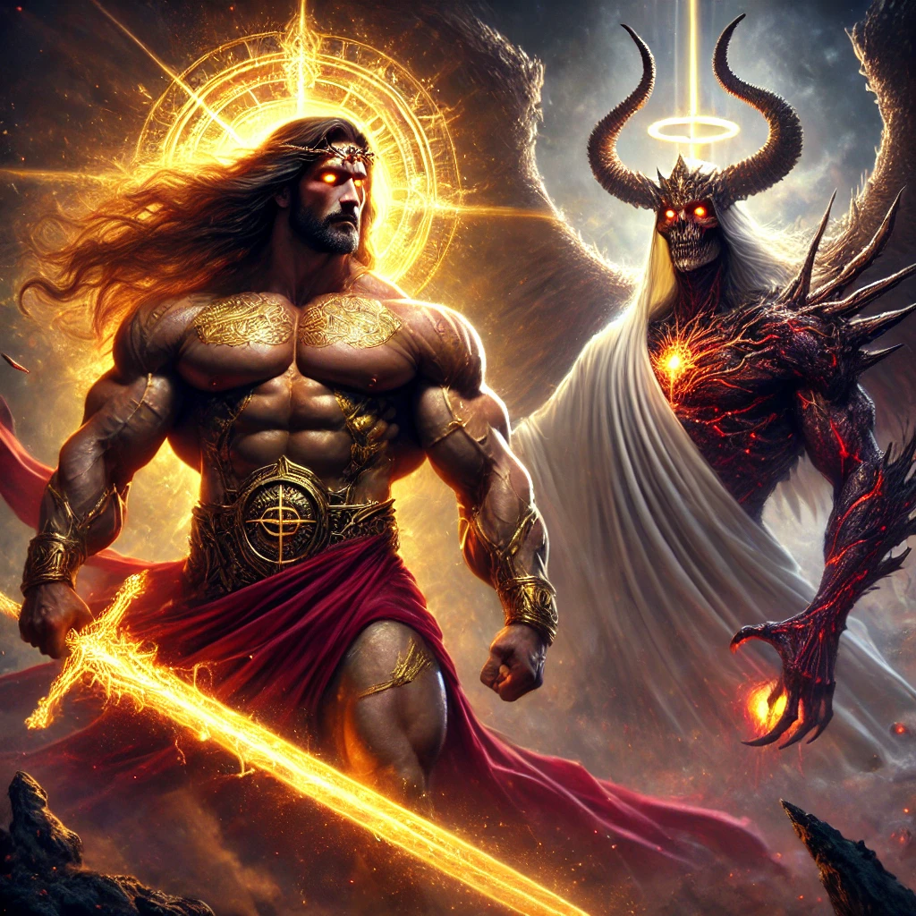 Buff Jesus, depicted with a muscular physique and glowing sword, faces Lucifer, a fallen angel with shadowy wings and a dark aura, on an apocalyptic battlefield.

