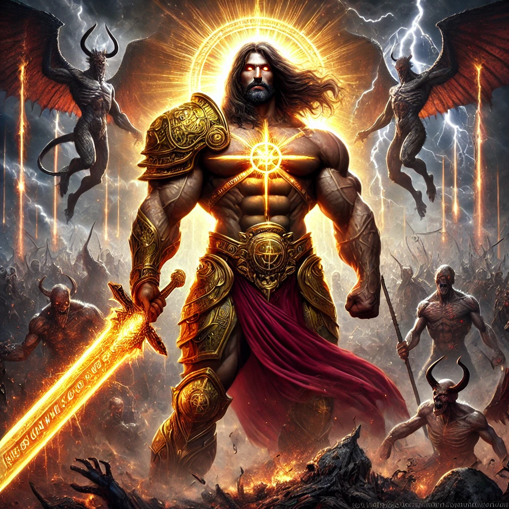 Buff Jesus, depicted with a muscular physique and glowing sword, facing off against a towering, demonic Satan on an apocalyptic battlefield with fiery and celestial elements.

