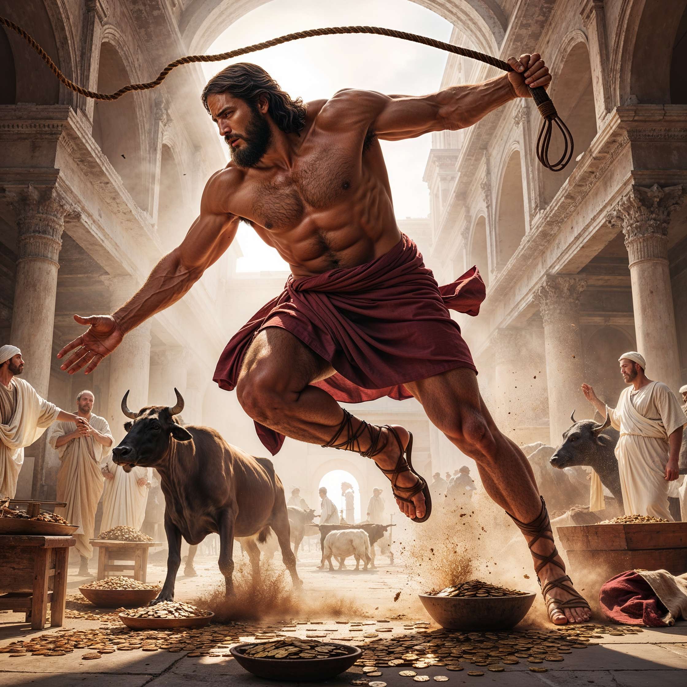 "Buff Jesus wielding a whip, scattering coins and overturning tables in the temple as animals flee and merchants watch in shock, symbolizing divine justice and righteous fury."
