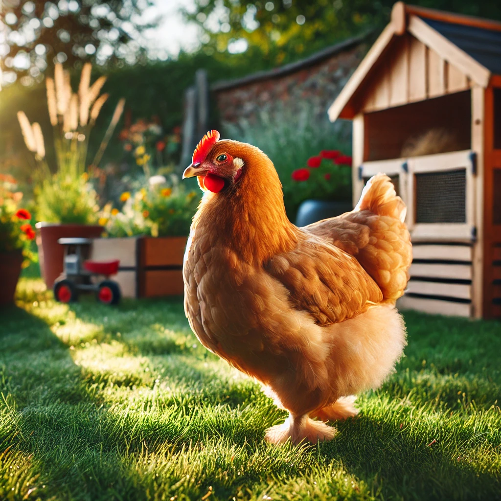 "A Buff Orpington chicken with soft golden feathers in a serene backyard near a wooden coop."