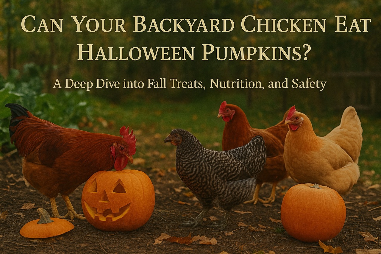 A backyard chicken pecking at a carved pumpkin in a frosty fall garden, with golden sunlight and the title “Can Your Backyard Chickens Eat Halloween Pumpkins?”