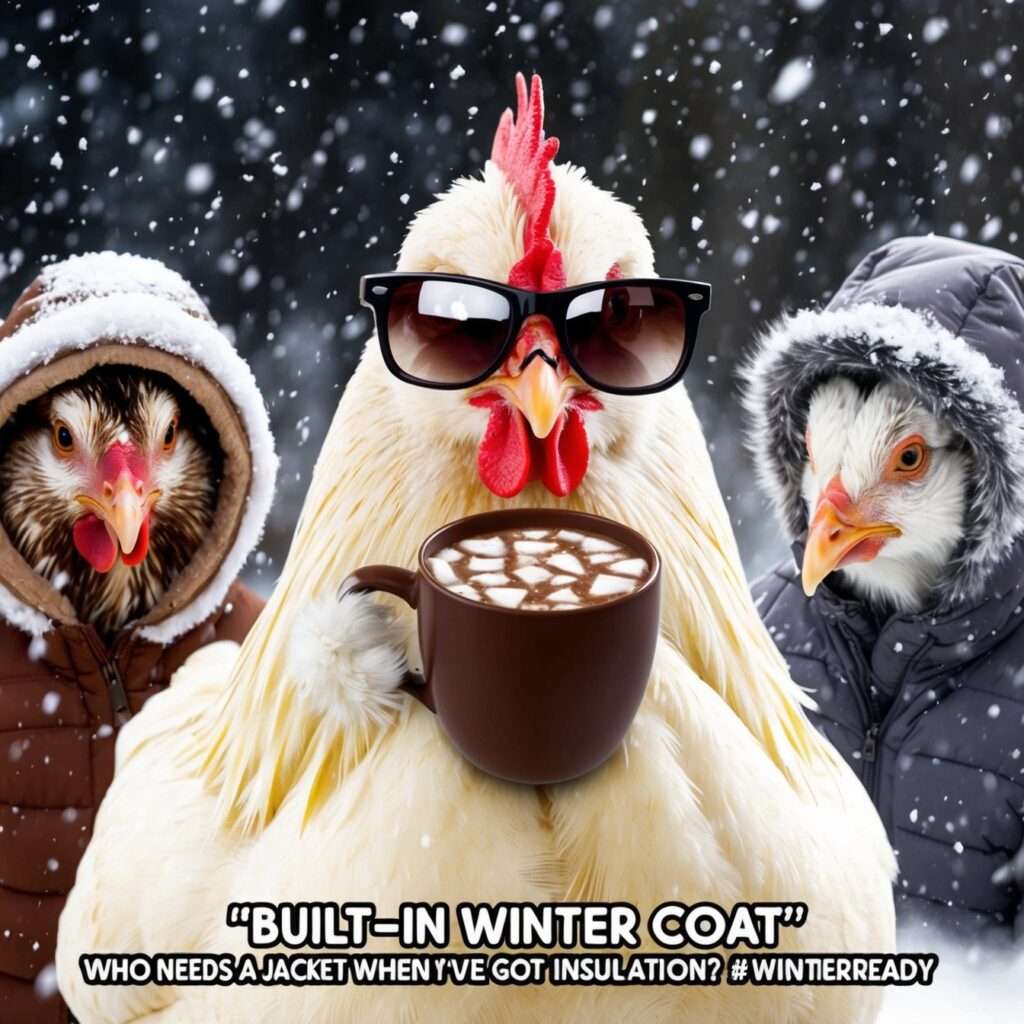 "Cartoon chicken showcasing thick feathers for insulation and warmth in cold winter conditions."

