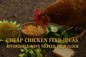 “Photo of chickens foraging in a sunny backyard with overlaid text that reads 'Cheap Chicken Feed Ideas – How to Feed Your Flock on a Budget' in gold font.”