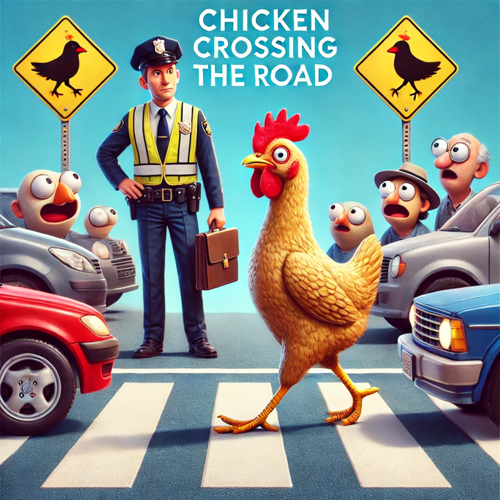 "Cartoon-style humorous meme of a chicken confidently crossing a busy road while a police officer holds a ‘Chicken Crossing’ sign, surrounded by shocked onlookers and cars stopping."

