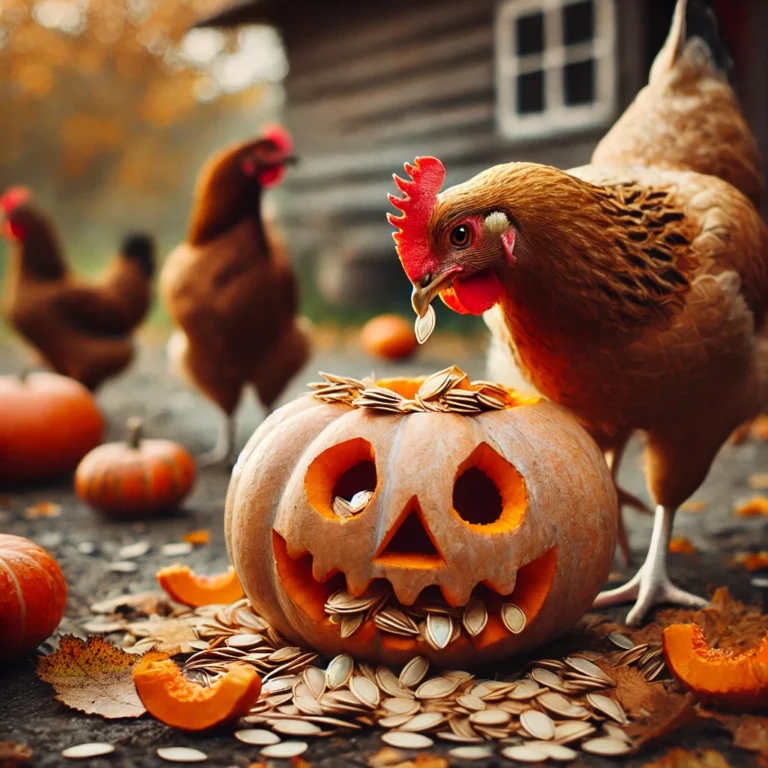 Backyard chicken eating a carved pumpkin amidst fall leaves.