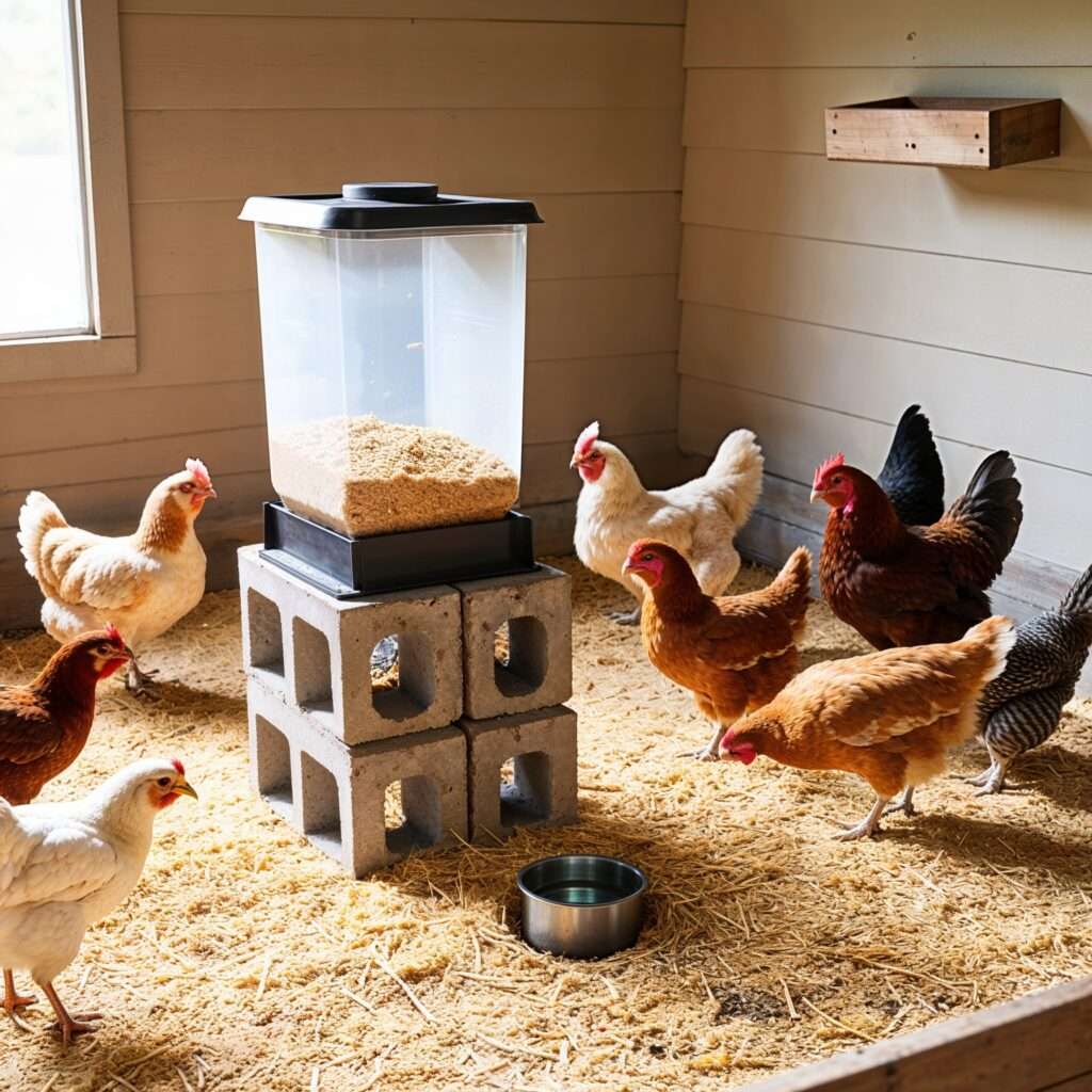 A chicken feeder elevated on stacked concrete blocks in a coop with straw bedding and various chickens feeding.