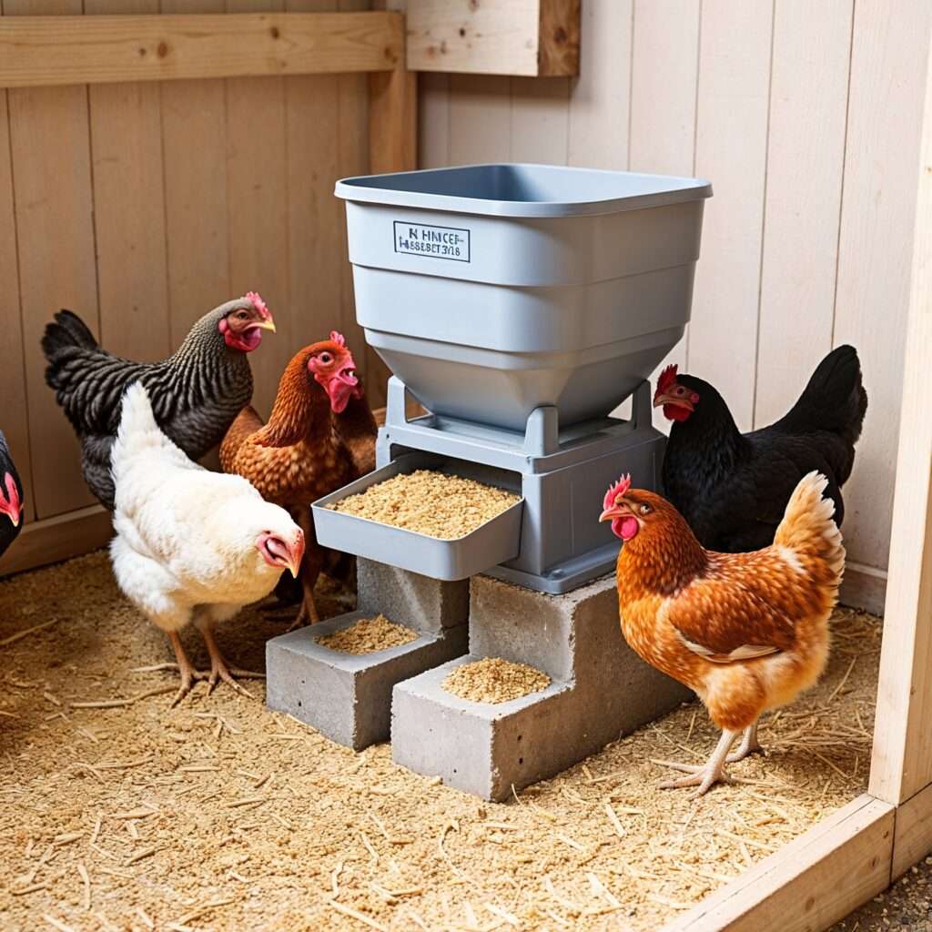 A chicken feeder placed on top of two concrete blocks surrounded by various chicken breeds in a clean coop with straw bedding.