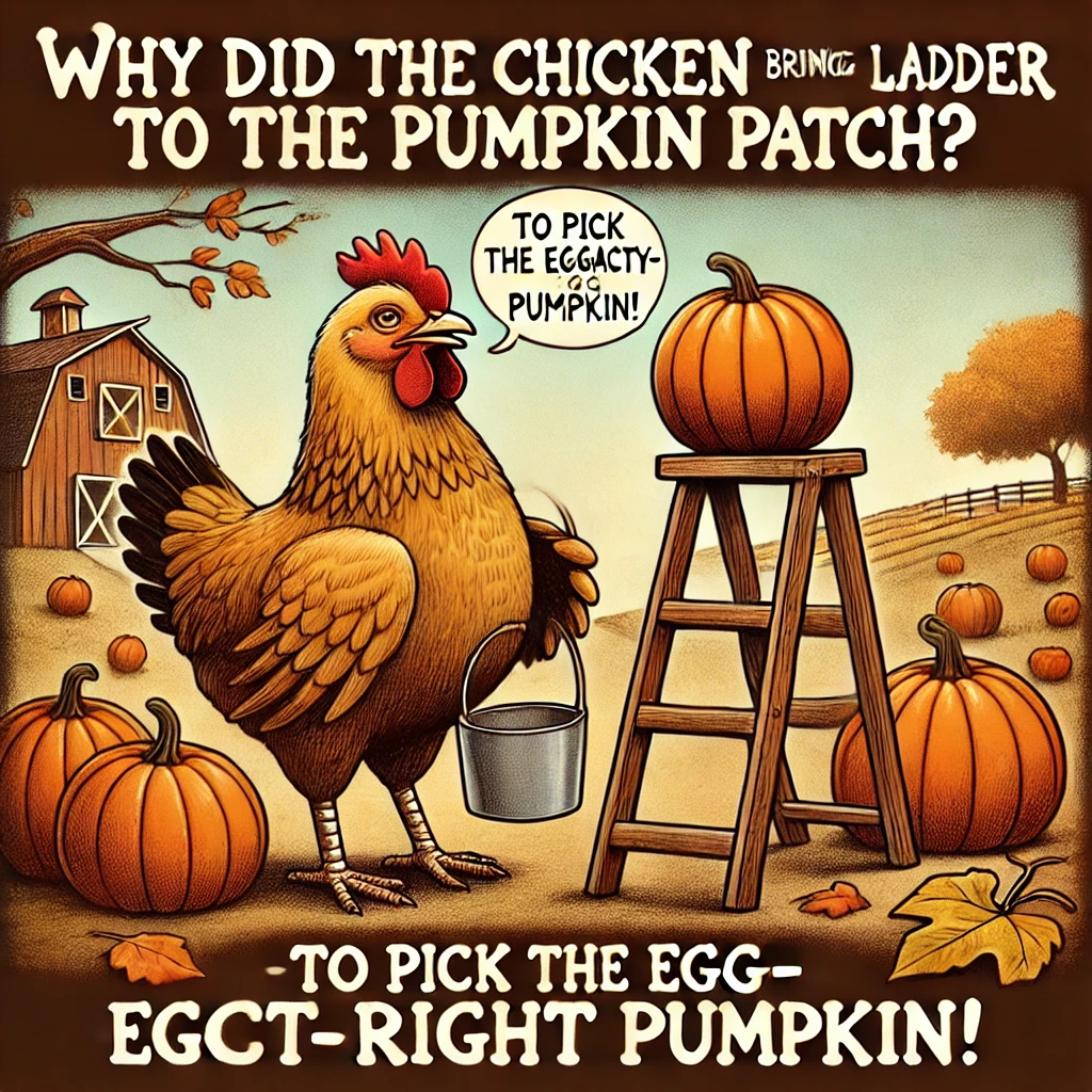 "Funny autumn chicken meme with a ladder and large pumpkins, showcasing a chicken’s dedication to picking the perfect pumpkin."
