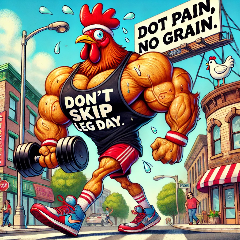 "A humorous cartoon-style illustration of a human-height chicken with a muscular upper body, including bulging biceps and a puffed-out chest, but hilariously thin, scrawny chicken legs. The chicken wears a black tank top with 'Don't Skip Leg Day' written on it, a red-and-white headband, and sneakers. It strides across a city street holding a dumbbell, with sweat droplets flying off. In the background, a large billboard reads 'No Pain, No Grain,' adding a fitness-themed twist. The setting includes surprised onlookers, small shops, and an urban backdrop."

