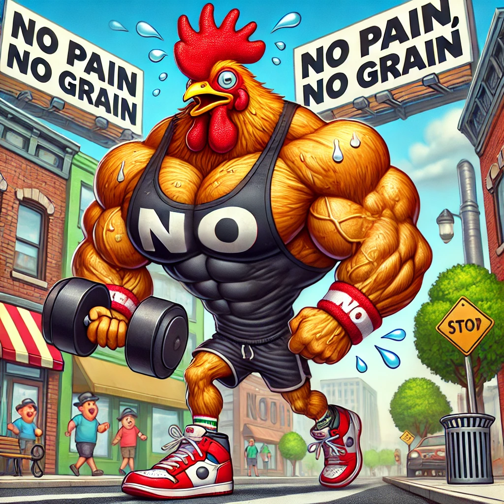 "A humorous cartoon-style illustration of a human-height chicken with a muscular upper body, including bulging biceps and a puffed-out chest, but hilariously thin, scrawny chicken legs. The chicken wears a black tank top with 'Don't Skip Leg Day' written on it, a red-and-white headband, and sneakers. It strides across a city street holding a dumbbell, with sweat droplets flying off. In the background, a large billboard reads 'No Pain, No Grain,' adding a fitness-themed twist. The setting includes surprised onlookers, small shops, and an urban backdrop."

