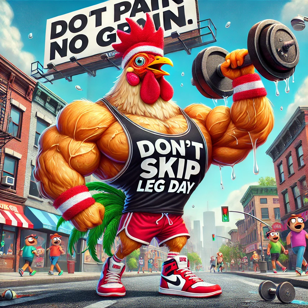 "A humorous cartoon-style illustration of a human-height chicken with a muscular upper body, including bulging biceps and a puffed-out chest, but hilariously thin, scrawny chicken legs. The chicken wears a black tank top with 'Don't Skip Leg Day' written on it, a red-and-white headband, and sneakers. It strides across a city street holding a dumbbell, with sweat droplets flying off. In the background, a large billboard reads 'No Pain, No Grain,' adding a fitness-themed twist. The setting includes surprised onlookers, small shops, and an urban backdrop."

