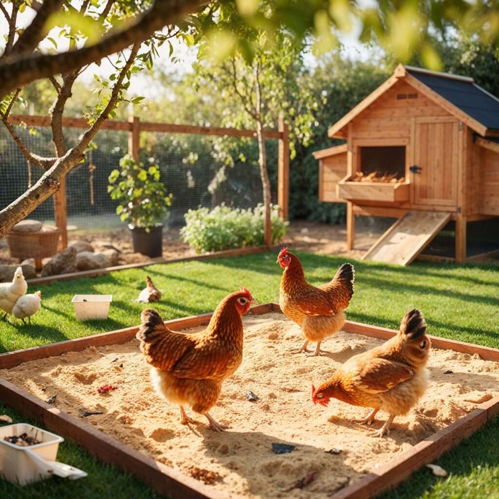 Three chickens interacting in a dust bath area under a shaded tree, with a coop in the background for seasonal adjustments.