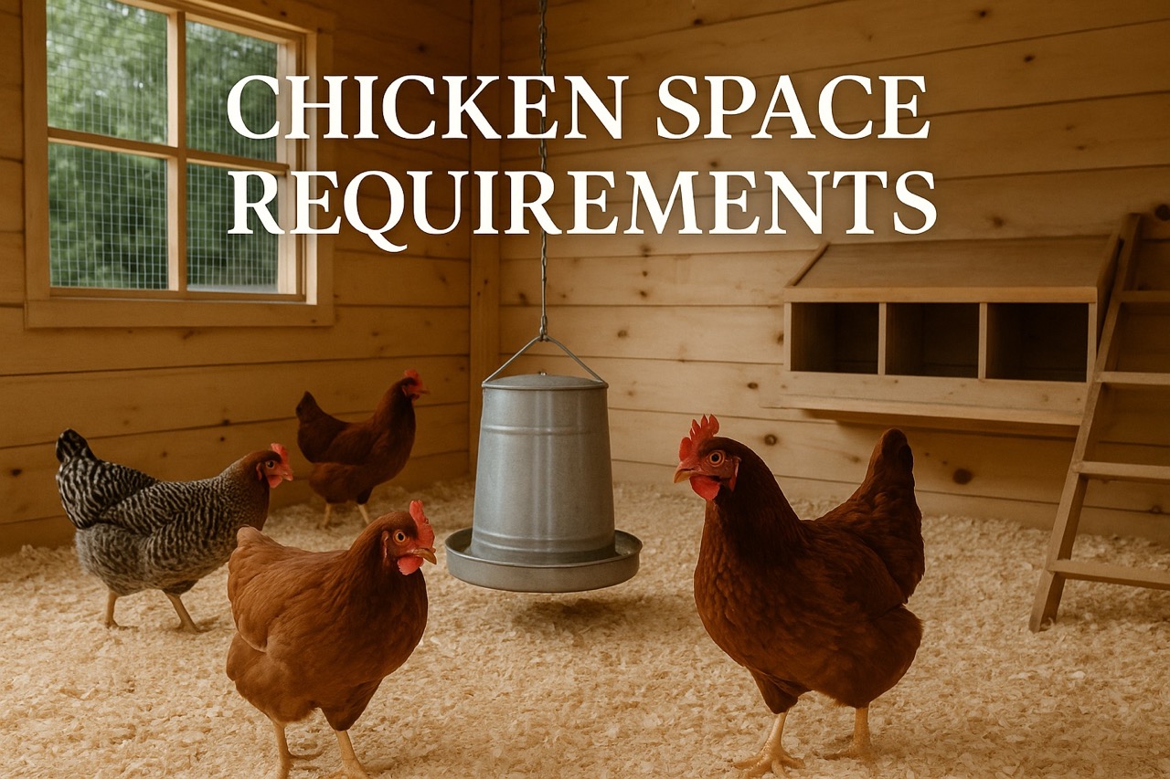 Four hens inside a clean, well-lit chicken coop with a hanging metal feeder and wooden nesting boxes, illustrating proper chicken space requirements.