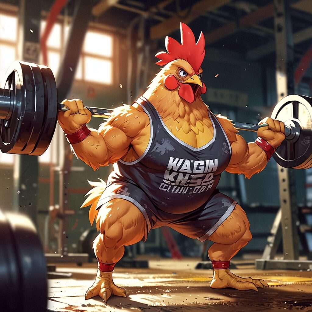 "A humorous cartoon-style illustration of a muscular chicken in a gym squatting with a heavily loaded barbell across its shoulders. The chicken wears a dark tank top with bold text, wristbands, and a focused expression, emphasizing its strength and dedication. The gym background features weight racks, equipment, and warm lighting, adding depth to this fitness-themed meme."

