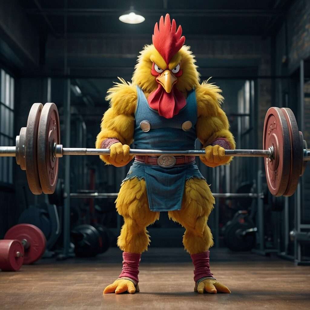 "A humorous cartoon-style image of a chicken in a gym lifting a heavy barbell. The chicken is dressed in a blue weightlifting outfit with a belt, wristbands, and leg warmers, showcasing its muscular and determined physique. The gym environment in the background includes equipment like dumbbells and weight racks, adding to the comedic focus on fitness."

