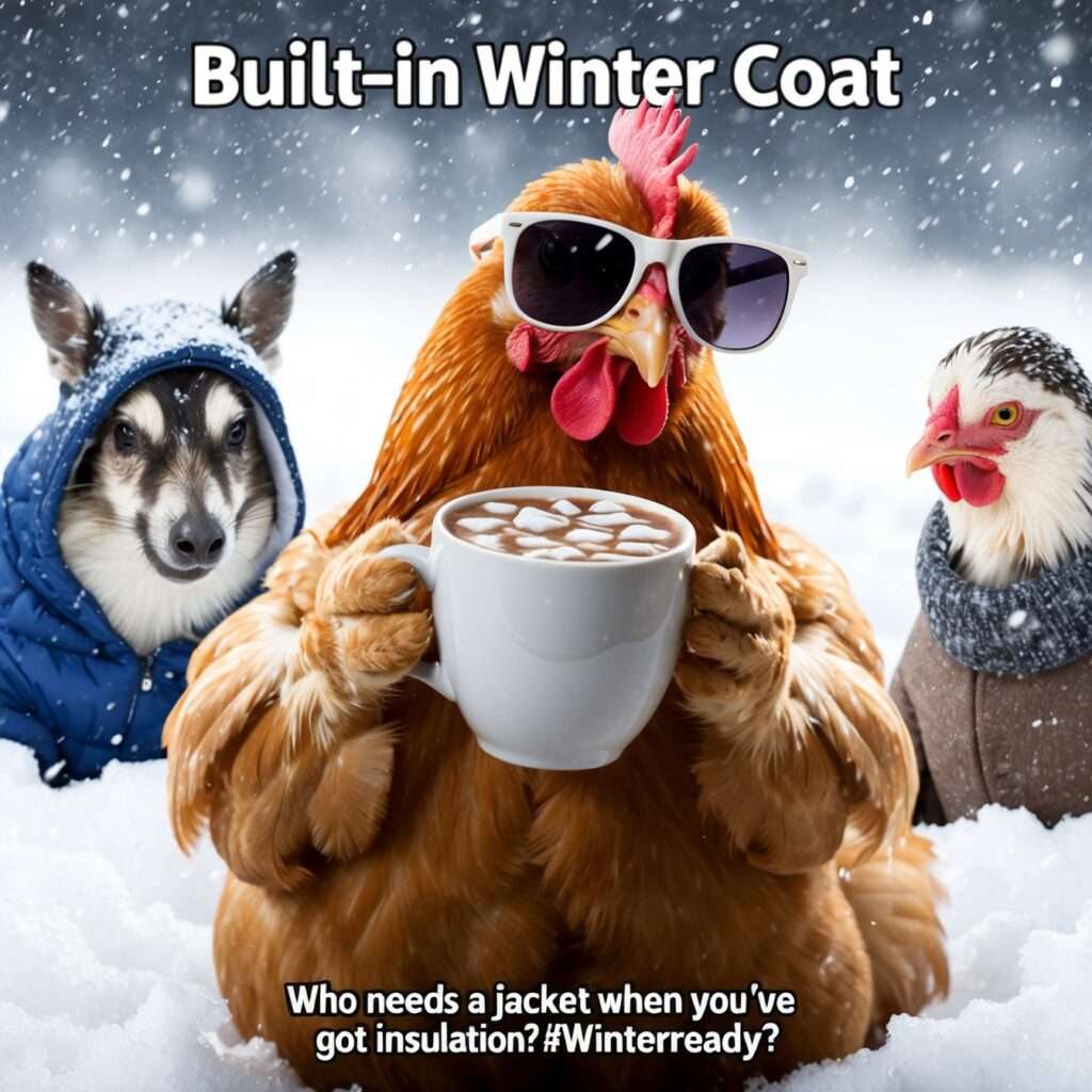 "Cartoon chicken in winter showing how thick feathers act as natural insulation for warmth."

