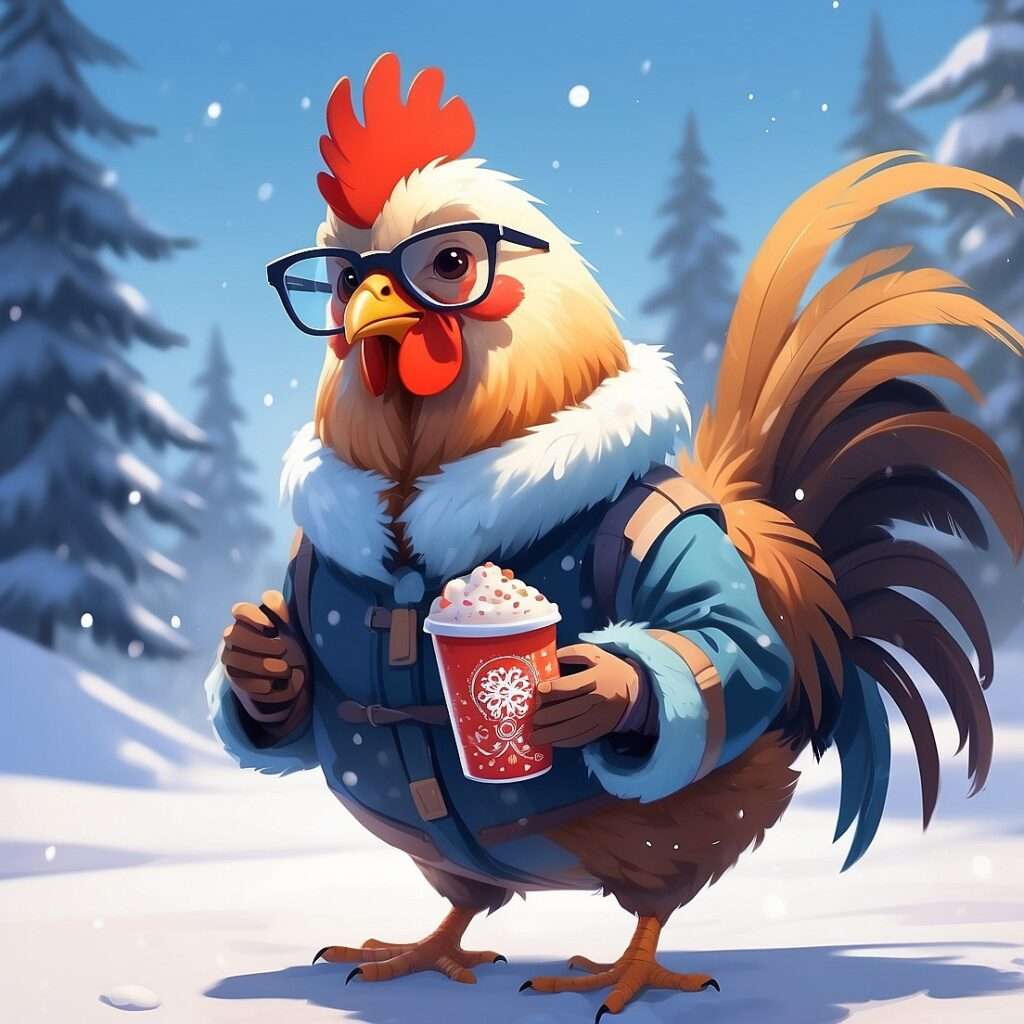 "A humorous cartoon of a plump chicken in winter, proudly showcasing its dense feathers that keep it warm naturally."

