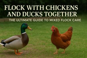 A mallard duck and Rhode Island Red hen standing in grass with bold title text about mixed flock care for chickens and ducks.