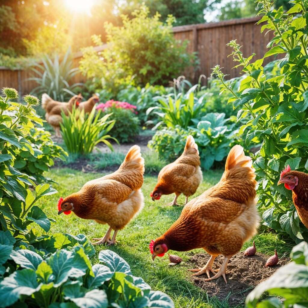 "Backyard chickens foraging for ticks and insects, showcasing natural pest control benefits."
