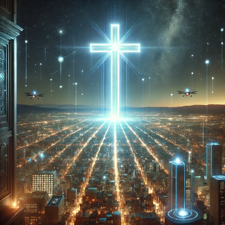 Cross over a futuristic city representing the growth of Christianity in 2024