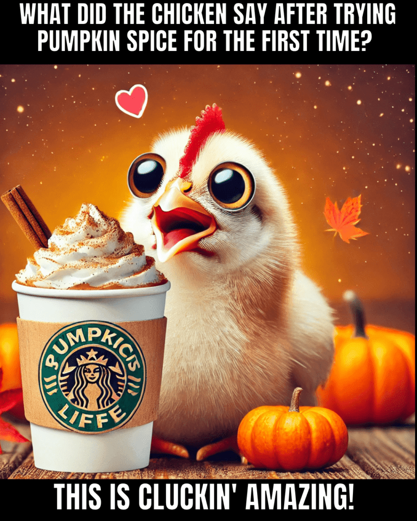 "Delighted chicken enjoying pumpkin spice latte for the first time, surrounded by warm fall elements."