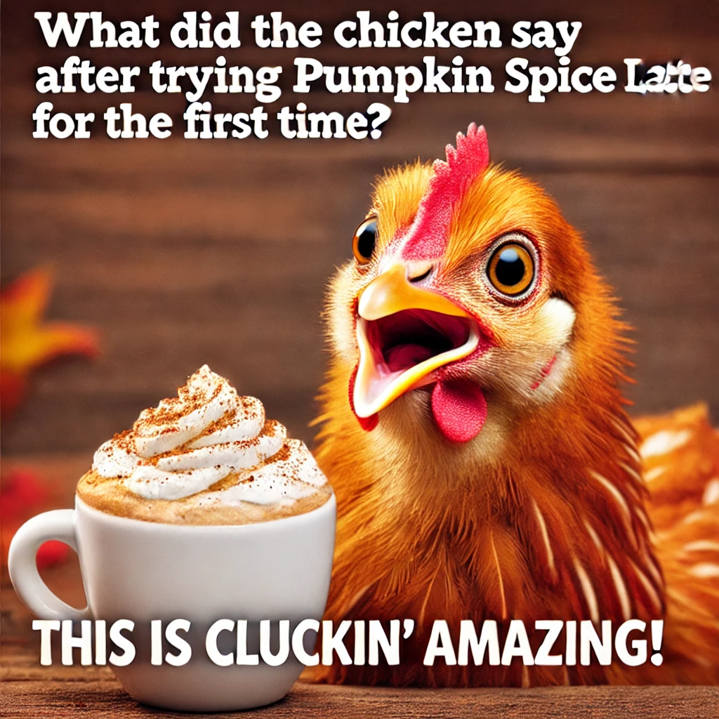 "Funny fall meme of a chicken joyfully sipping pumpkin spice latte with colorful autumn leaves and pumpkins."