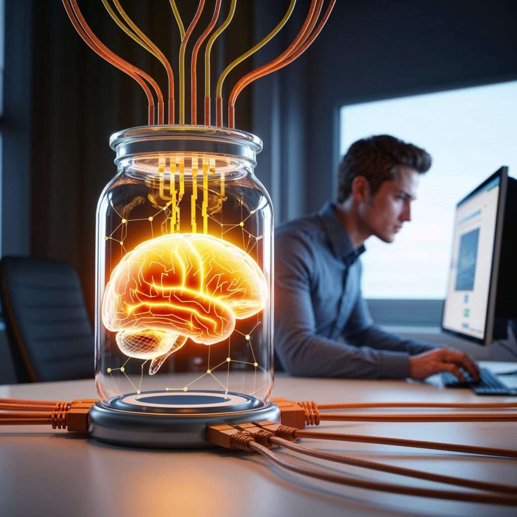 A glowing brain inside a jar connected by cables to a computer, with a human working at the desk in the background.