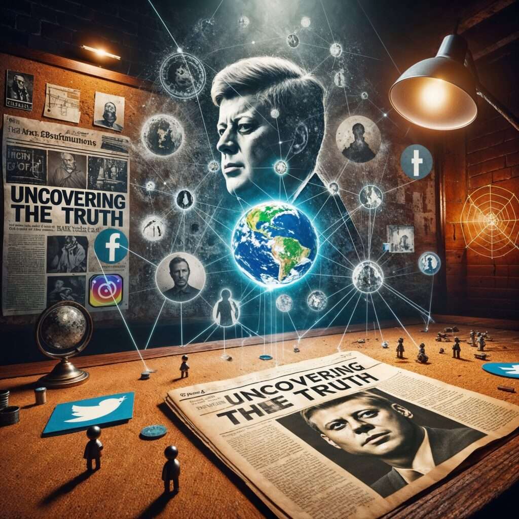 A symbolic representation of conspiracy theories, featuring interconnected threads on a corkboard, a newspaper headline 'Uncovering the Truth,' and elements like a globe symbolizing the Flat Earth theory and social media icons in a shadowy web.