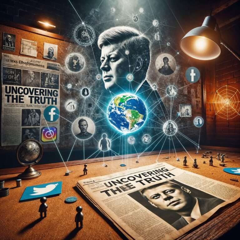 A symbolic representation of conspiracy theories, featuring interconnected threads on a corkboard, a newspaper headline 'Uncovering the Truth,' and elements like a globe symbolizing the Flat Earth theory and social media icons in a shadowy web.