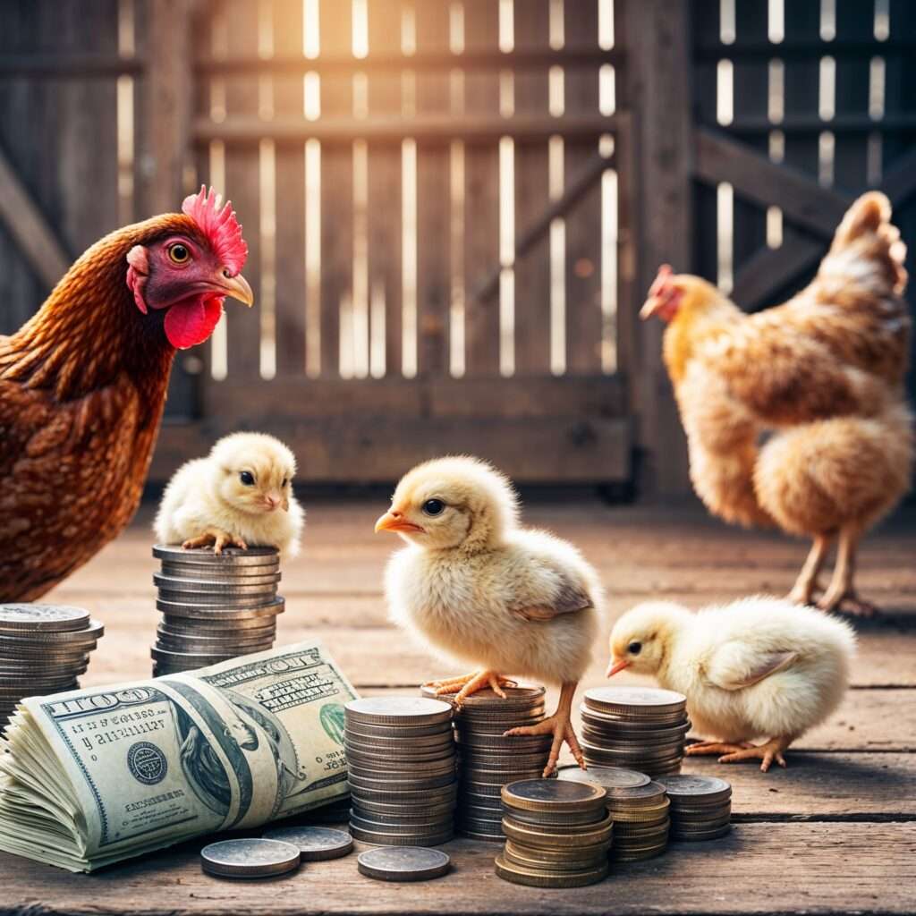 The cost of raising backyard chickens shown with chickens, coins, and cash in a rustic barn setting."Chickens and chicks with stacks of coins and dollar bills, symbolizing the cost of raising backyard chickens."