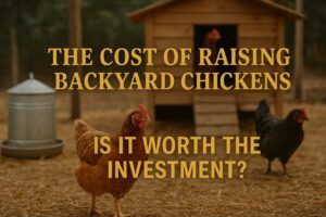Bold title reading "The Cost of Raising Backyard Chickens" on a black background with yellow serif font