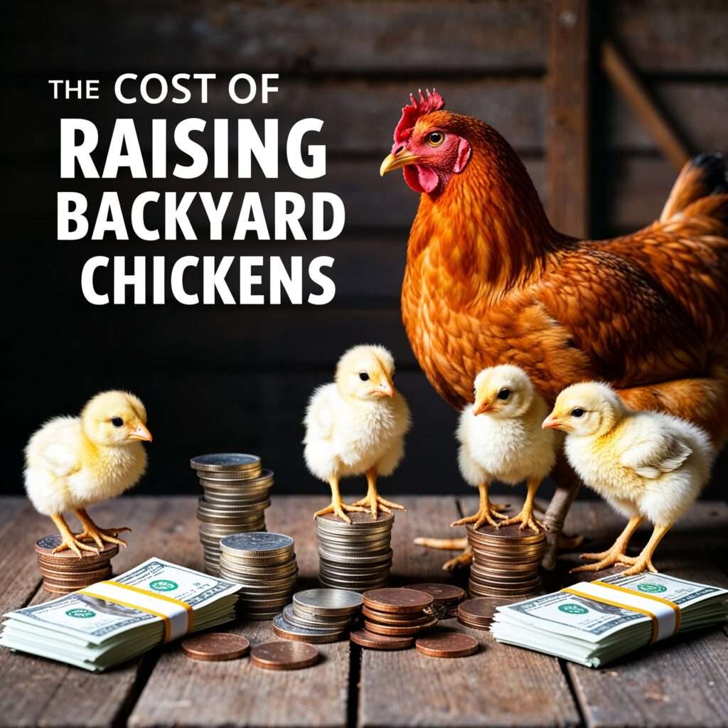 "Red hen and baby chicks standing on stacks of coins and dollar bills, symbolizing the cost of raising backyard chickens."