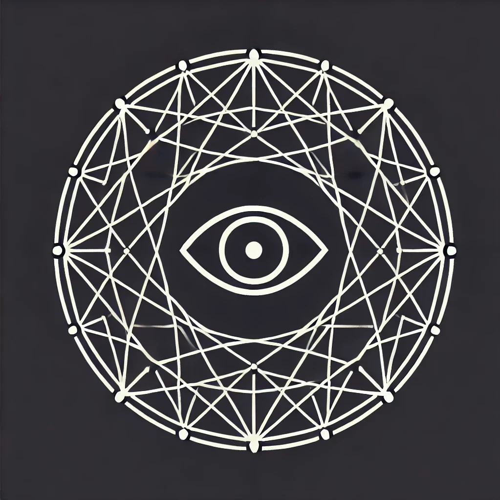 Paranoid Prophet logo with a central eye and interlocking web pattern in white on a black background, symbolizing hidden connections and knowledge