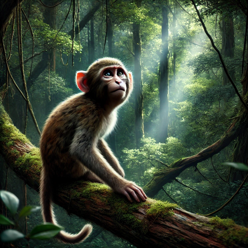 A young, curious monkey perched on a tree branch in a forest, gazing thoughtfully into the distance, symbolizing DARWIN’s early life before his transformation.