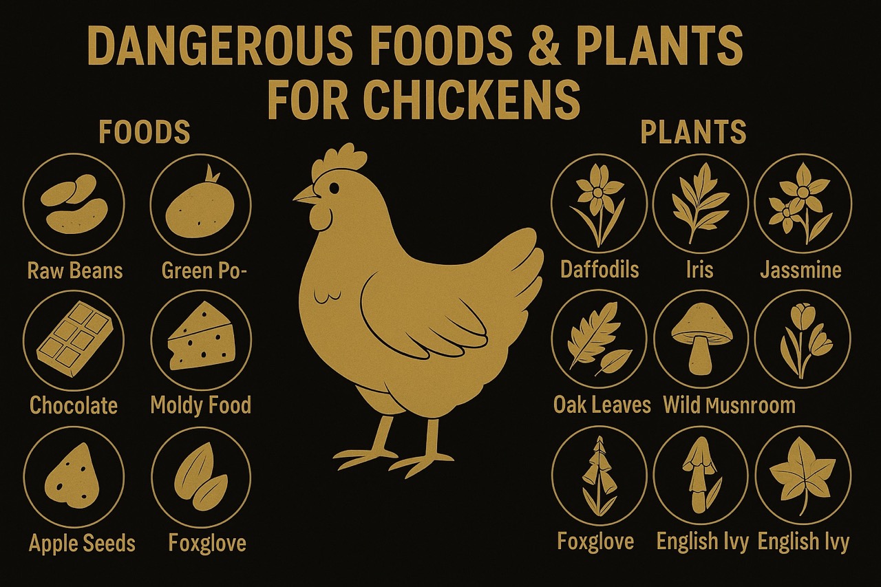 “Infographic showing dangerous foods, drinks, and plants for chickens – includes avocados, chocolate, alcohol, and toxic plants like foxglove, in gold text on black background.”