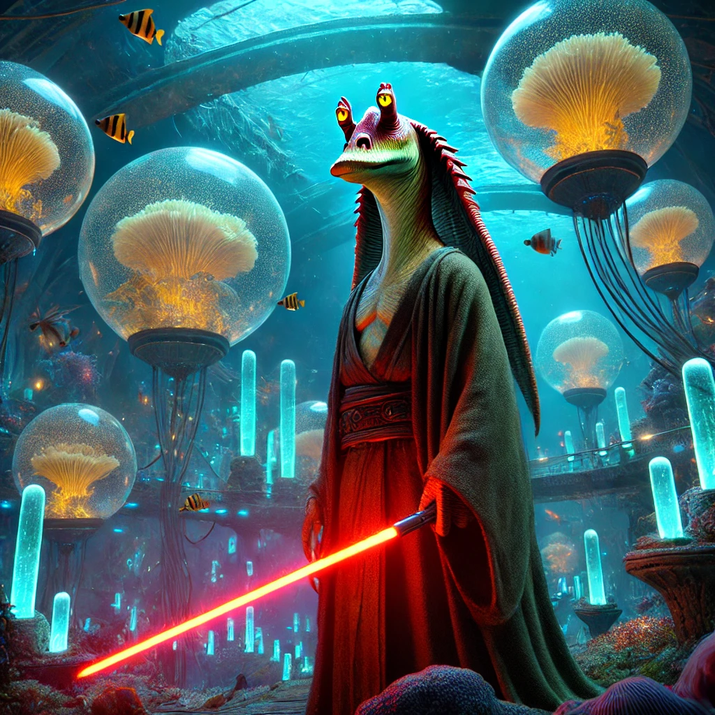 "Jar Jar Binks as a Sith Lord standing in the luminous underwater city of Otoh Gunga, holding a glowing red lightsaber, surrounded by vibrant aquatic orbs and futuristic architecture."

