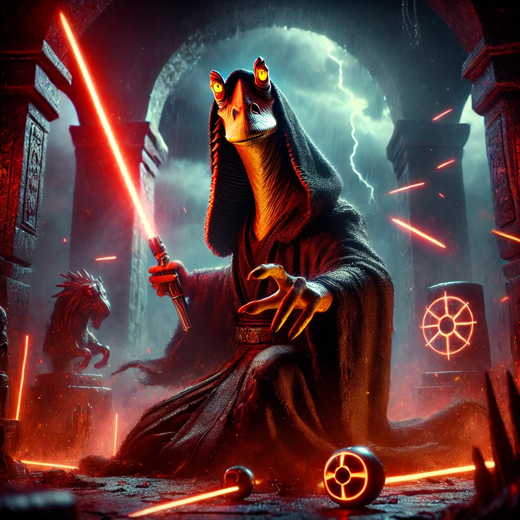 "Jar Jar Binks reimagined as a Sith Lord, kneeling in a dark and atmospheric Sith lair with a glowing red lightsaber, surrounded by ancient symbols, statues, and sparks of battle."