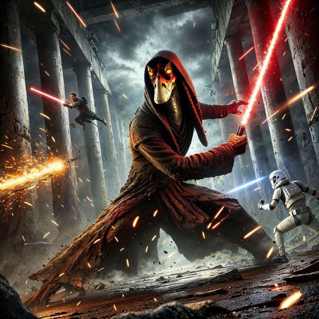 "Darth Jar Jar engaged in an intense battle inside an ancient temple, wielding a glowing red lightsaber against multiple foes, including a Jedi and a trooper, with sparks and laser fire filling the air."