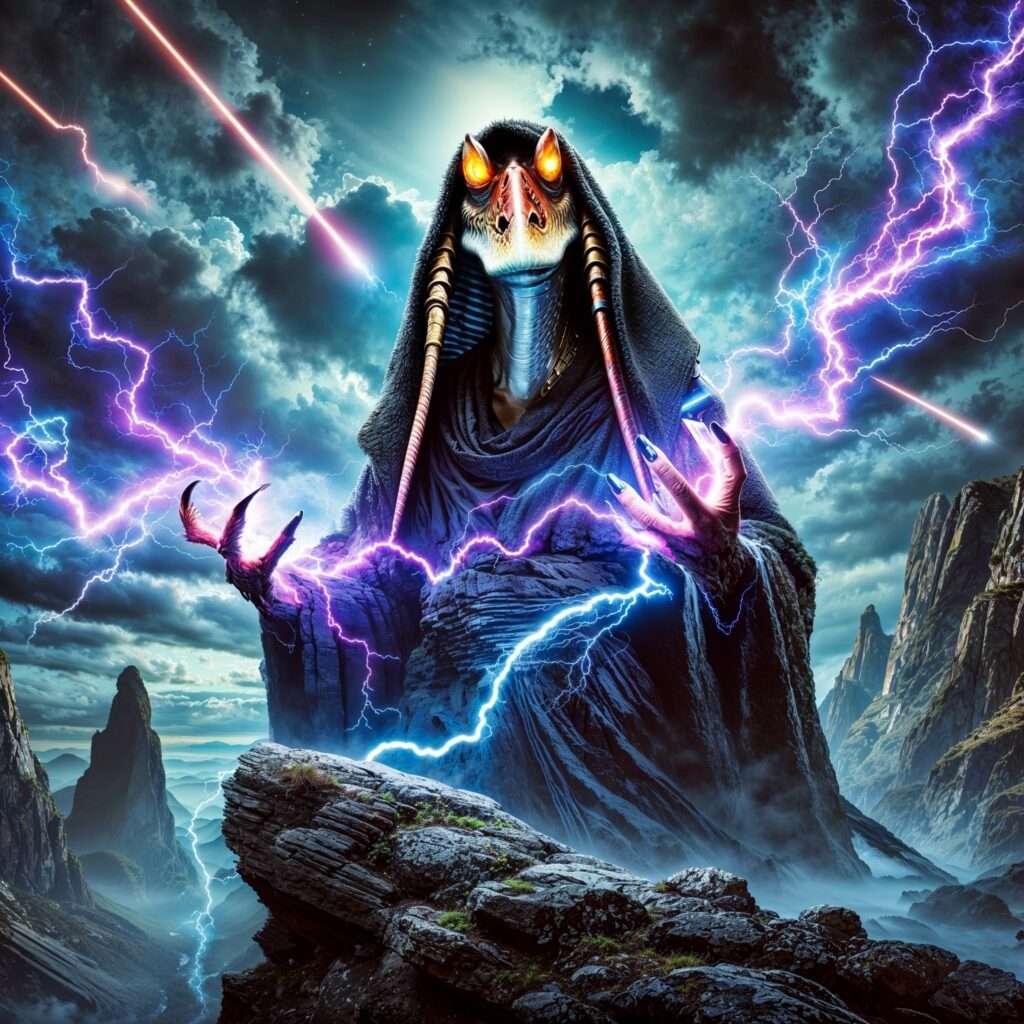 "Darth Jar Jar unleashing powerful Force lightning in a dramatic mountain setting, with glowing yellow Sith eyes, a dark hooded robe, and a stormy sky illuminated by lightning bolts and laser fire."