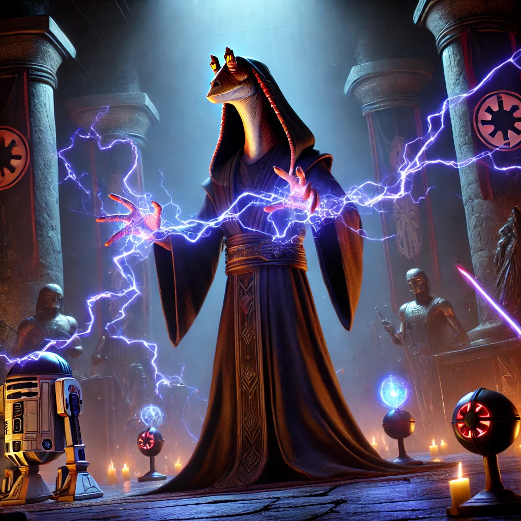 "Jar Jar Binks as a Sith Lord channeling Force lightning in a shadowy Sith temple, surrounded by ancient statues, glowing orbs, and Imperial symbols, with R2-D2 observing the scene."