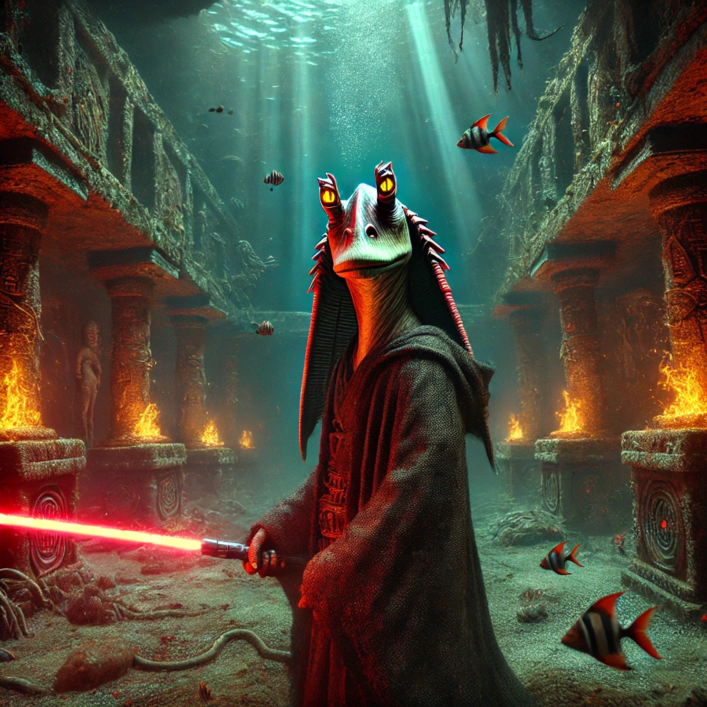 "Jar Jar Binks as a Sith Lord in an underwater temple, holding a glowing red lightsaber, surrounded by fish, ancient statues, and glowing firelit pillars in a mystical aquatic environment."