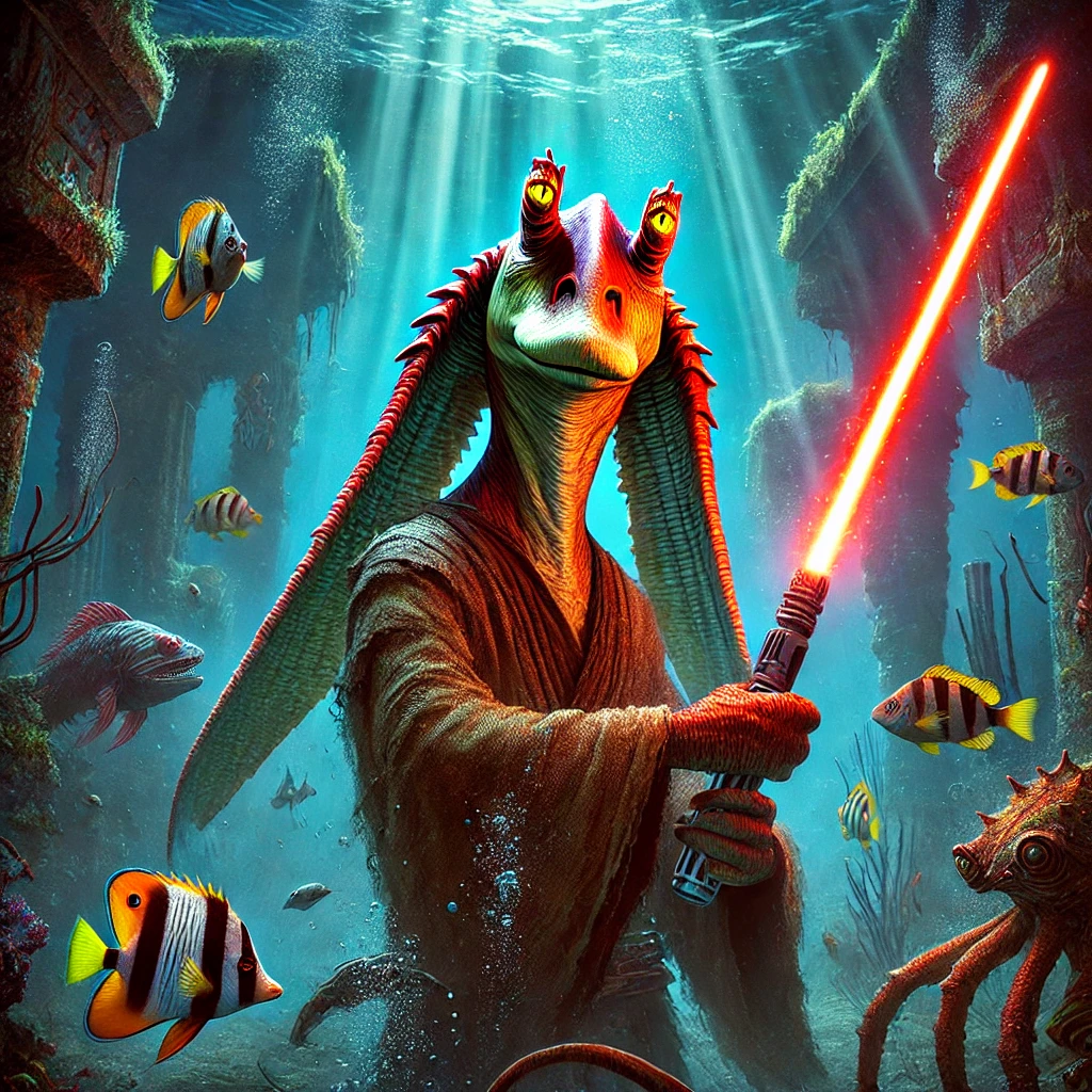 "Jar Jar Binks as a Sith Lord in an underwater setting, holding a glowing red lightsaber, surrounded by tropical fish, sea creatures, and coral-encrusted ruins in a vibrant aquatic environment."