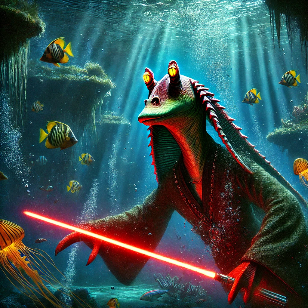 "Jar Jar Binks as a Sith Lord swimming underwater with a glowing red lightsaber, surrounded by vibrant fish, jellyfish, and aquatic plant life in a mystical underwater setting."