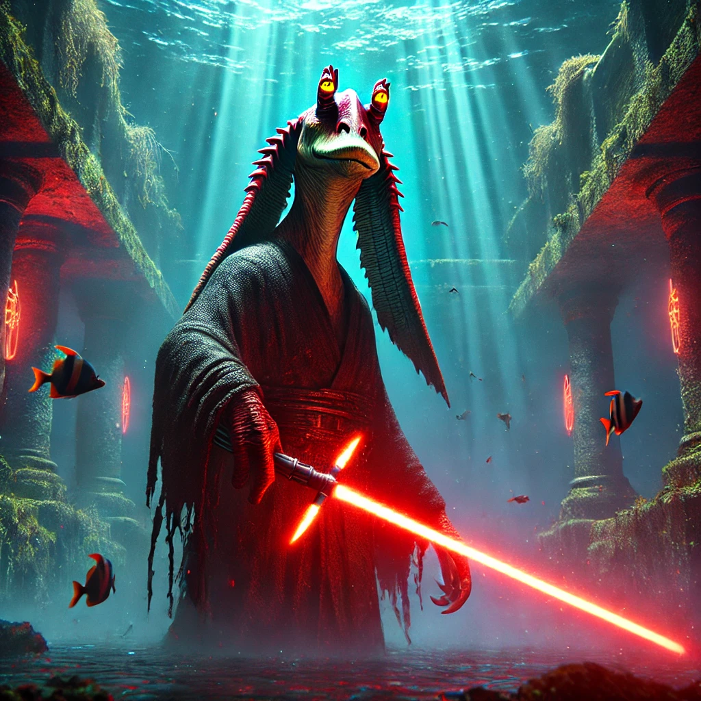 "Jar Jar Binks as a Sith Lord standing in an underwater temple, wielding a glowing red crossguard lightsaber, surrounded by fish, coral-covered pillars, and beams of light piercing through the water."