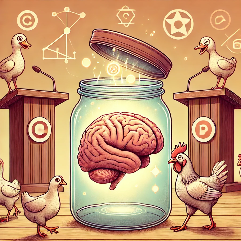 A brain floating in a glowing jar, surrounded by chickens with a mischievous duck causing light-hearted chaos