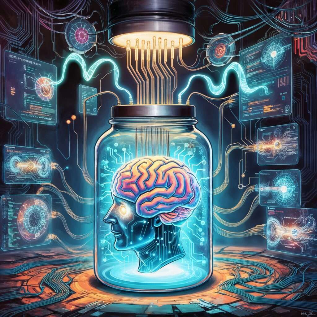 Write a concise, keyword-rich ALT text that describes the image and its relevance to the article. For example: "Illustration of a digital brain in a jar, symbolizing the evolution of thought and innovation inspired by Darwin's theories on evolution and adaptation."